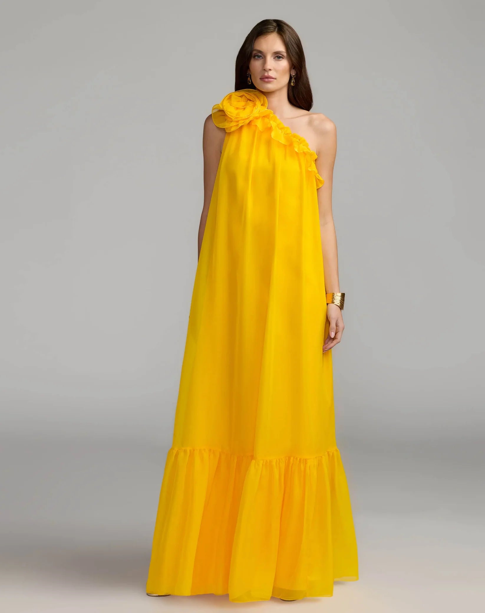 Mac Duggal Sunshine Chiffon One Shoulder Ruffle Gown With Rose #68757