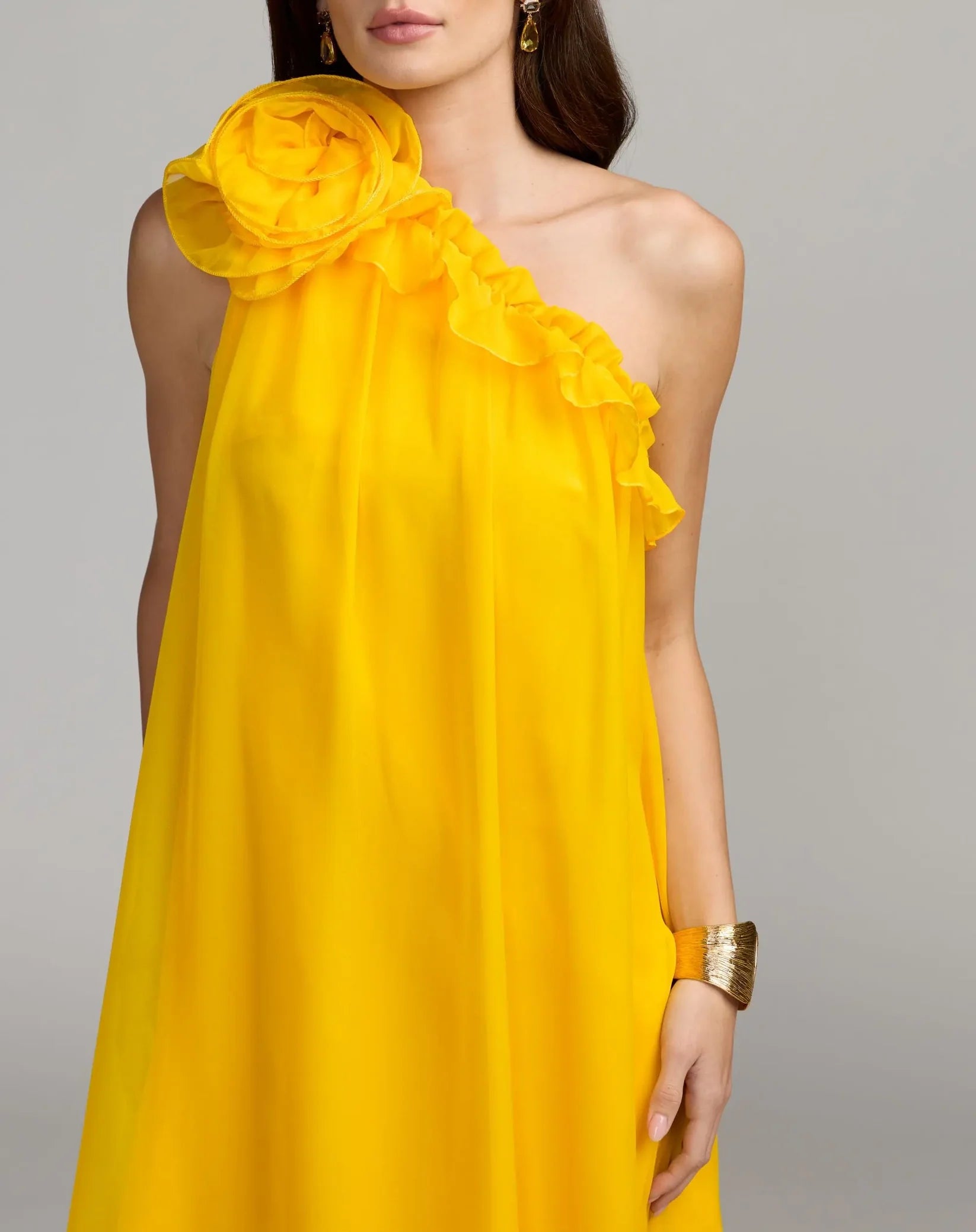 Mac Duggal Sunshine Chiffon One Shoulder Ruffle Gown With Rose #68757 torso close up