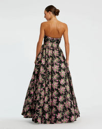 Black Strapless Sweetheart Brocade Floral Ballgown - Back