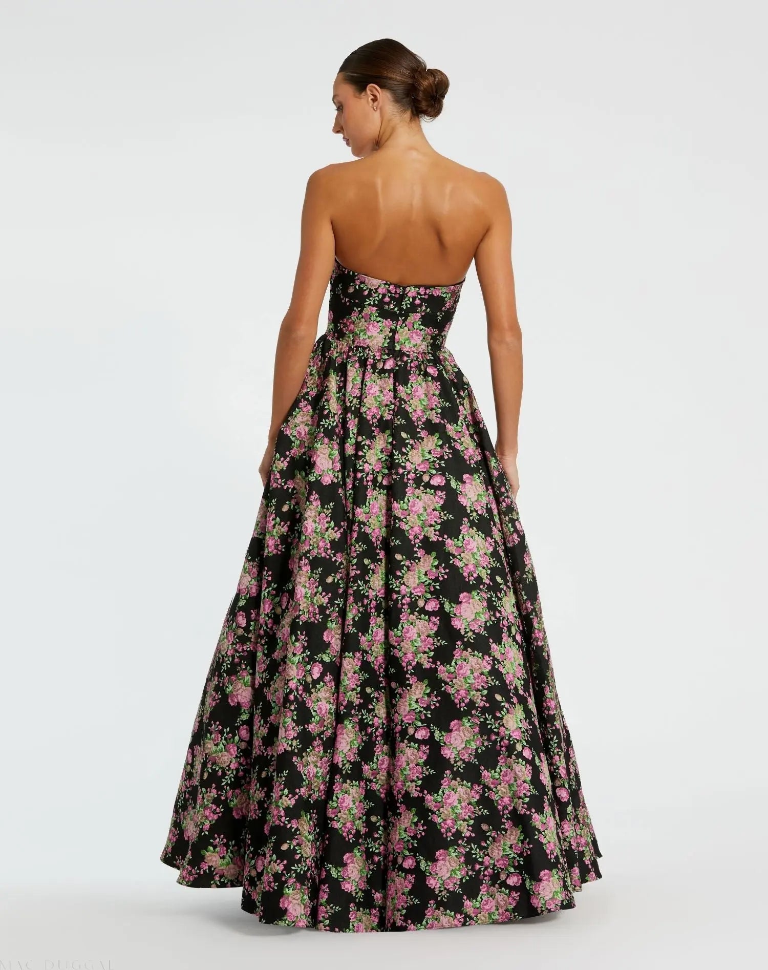 Black Strapless Sweetheart Brocade Floral Ballgown - Back