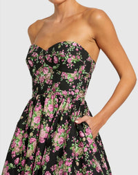 Black Strapless Sweetheart Brocade Floral Ballgown - Close Up