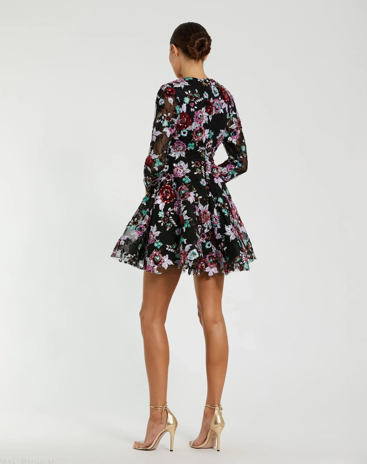 Mac Duggal Black High Neck Long Sleeve Sequin A Line Mini Dress #68783