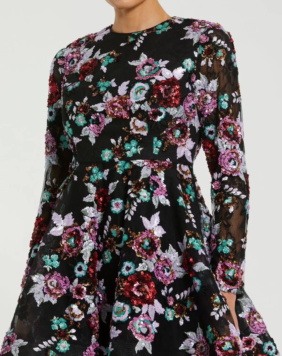 Mac Duggal Black High Neck Long Sleeve Sequin A Line Mini Dress #68783