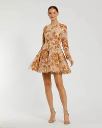 Mac Duggal Nude Floral High Neck Long Sleeve Sequin A Line Mini Dress #68783