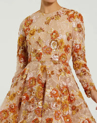 Mac Duggal Nude Floral High Neck Long Sleeve Sequin A Line Mini Dress #68783