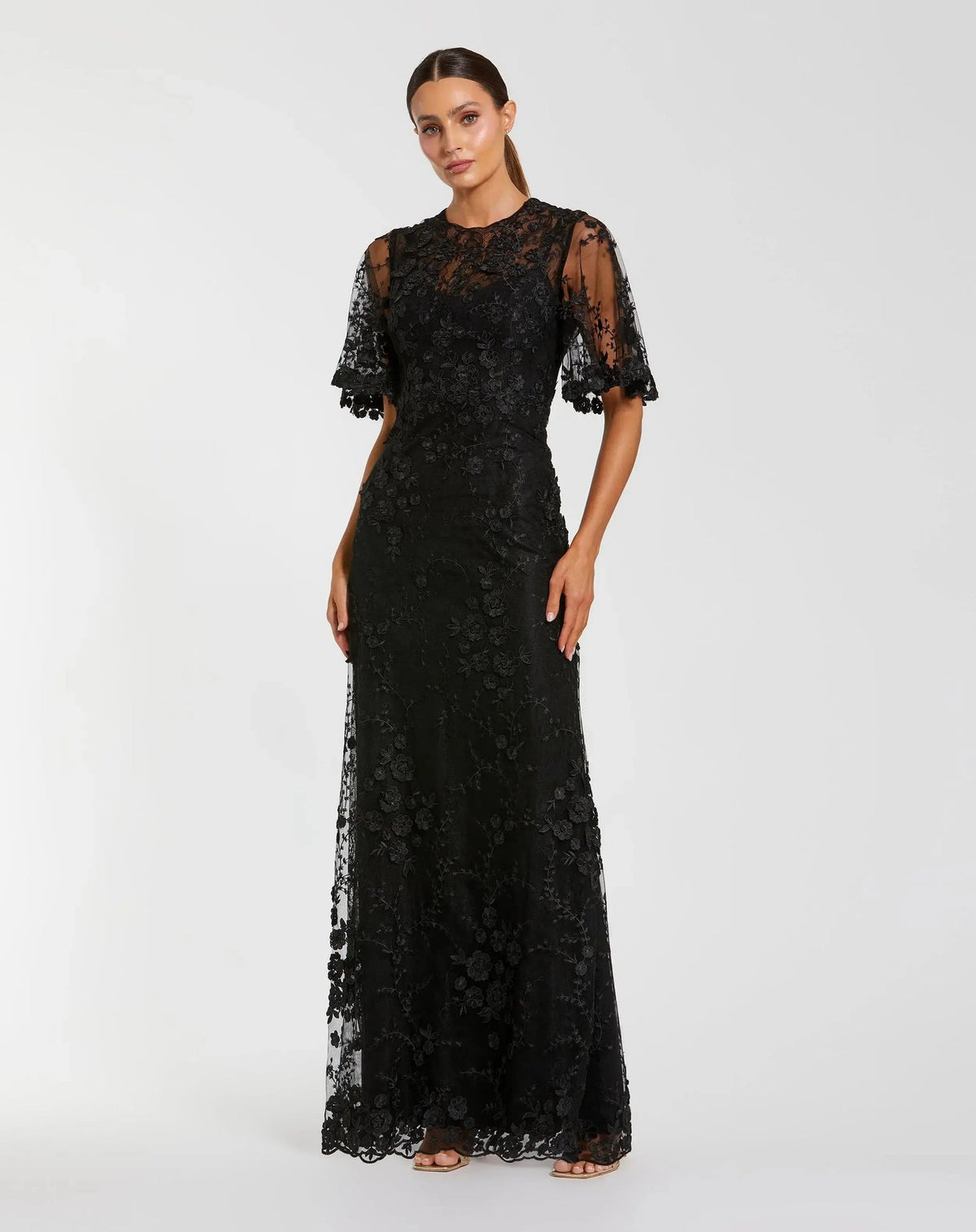 Mac Duggal Midnight Black Flutter Sleeve Floral Embroidered Net Gown #68810