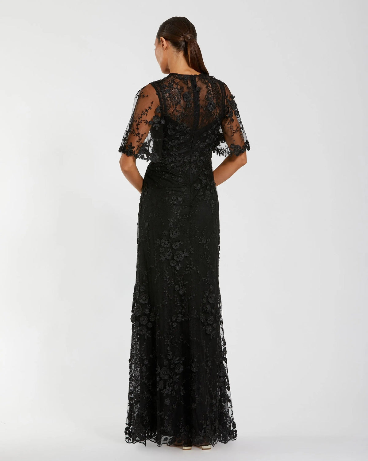 Mac Duggal Midnight Black Flutter Sleeve Floral Embroidered Net Gown #68810