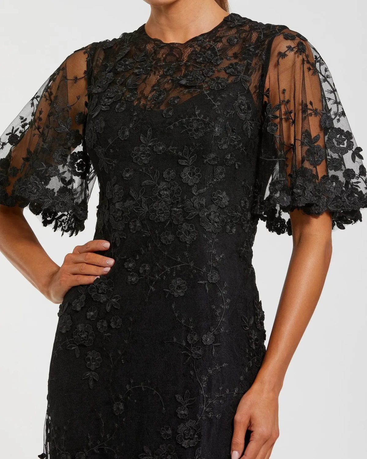 Mac Duggal Midnight Black Flutter Sleeve Floral Embroidered Net Gown #68810