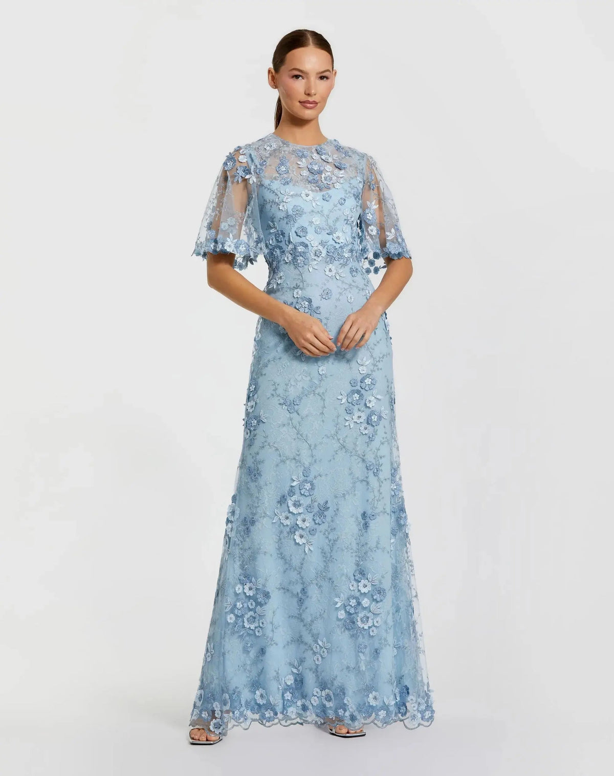 Green Flutter Sleeve Floral Embroidered Net Gown