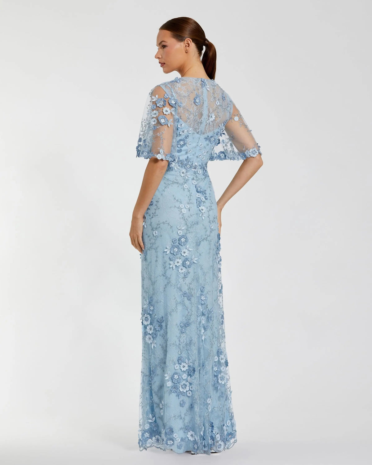 Mac Duggal Powder Blue Flutter Sleeve Floral Embroidered Net Gown #68810