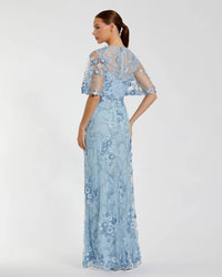 Mac Duggal Powder Blue Flutter Sleeve Floral Embroidered Net Gown #68810