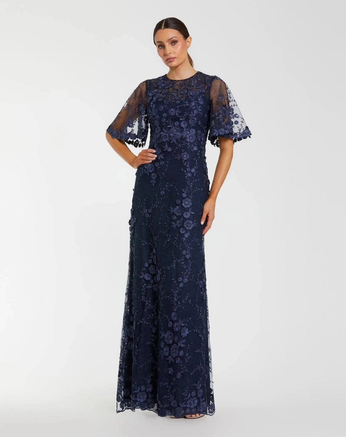 Mac Duggal Midnight Blue Flutter Sleeve Floral Embroidered Net Gown #68810