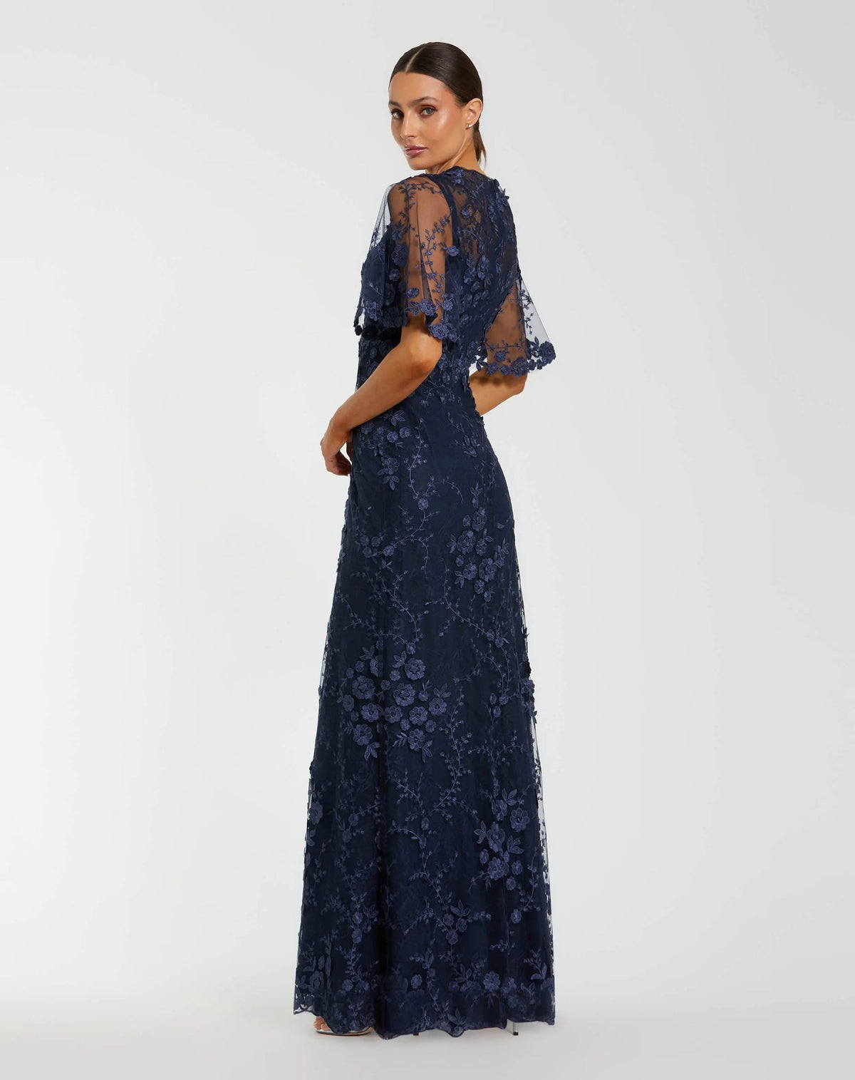 Mac Duggal Midnight Blue Flutter Sleeve Floral Embroidered Net Gown #68810