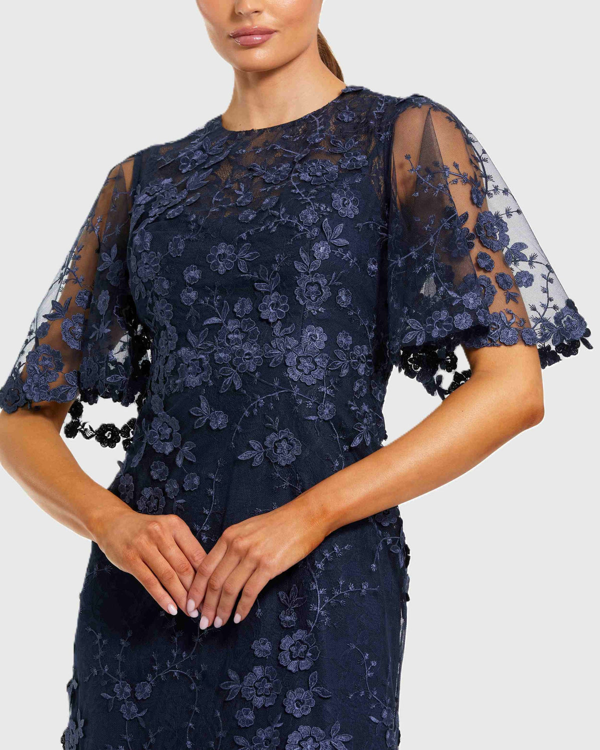 Mac Duggal Midnight Blue Flutter Sleeve Floral Embroidered Net Gown #68810