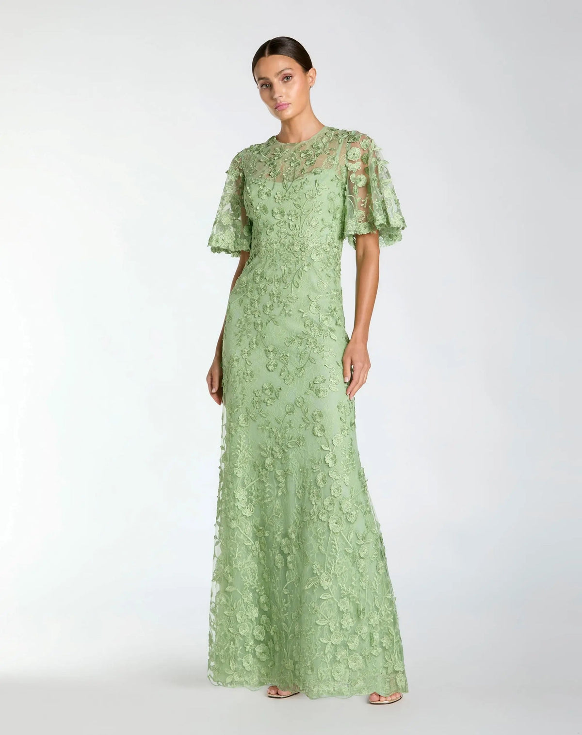 Mac Duggal 68810 Sage Green Floral Embroidered Column Gown with Flutter Sleeves