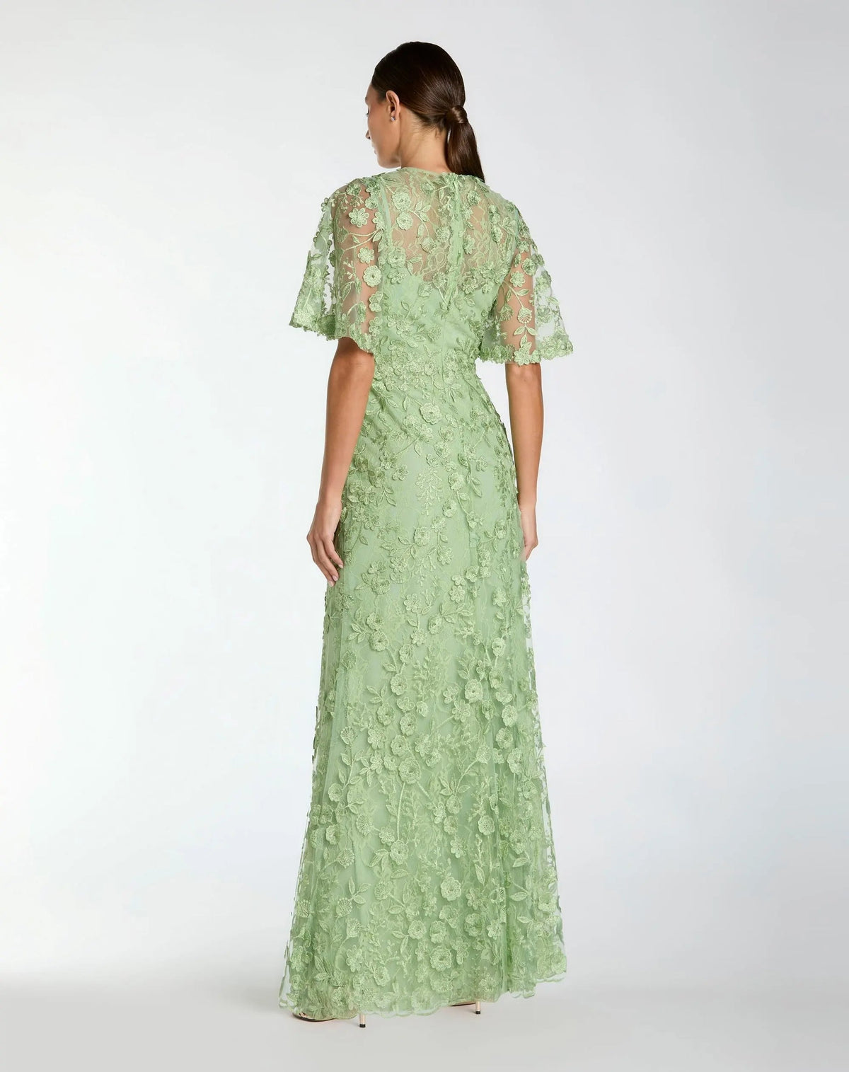 Mac Duggal 68810 Sage Green Floral Embroidered Column Gown with Flutter Sleeves