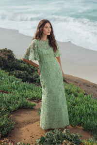 Mac Duggal 68810 Sage Green Floral Embroidered Column Gown with Flutter Sleeves