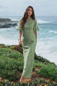 Mac Duggal 68810 Sage Green Floral Embroidered Column Gown with Flutter Sleeves