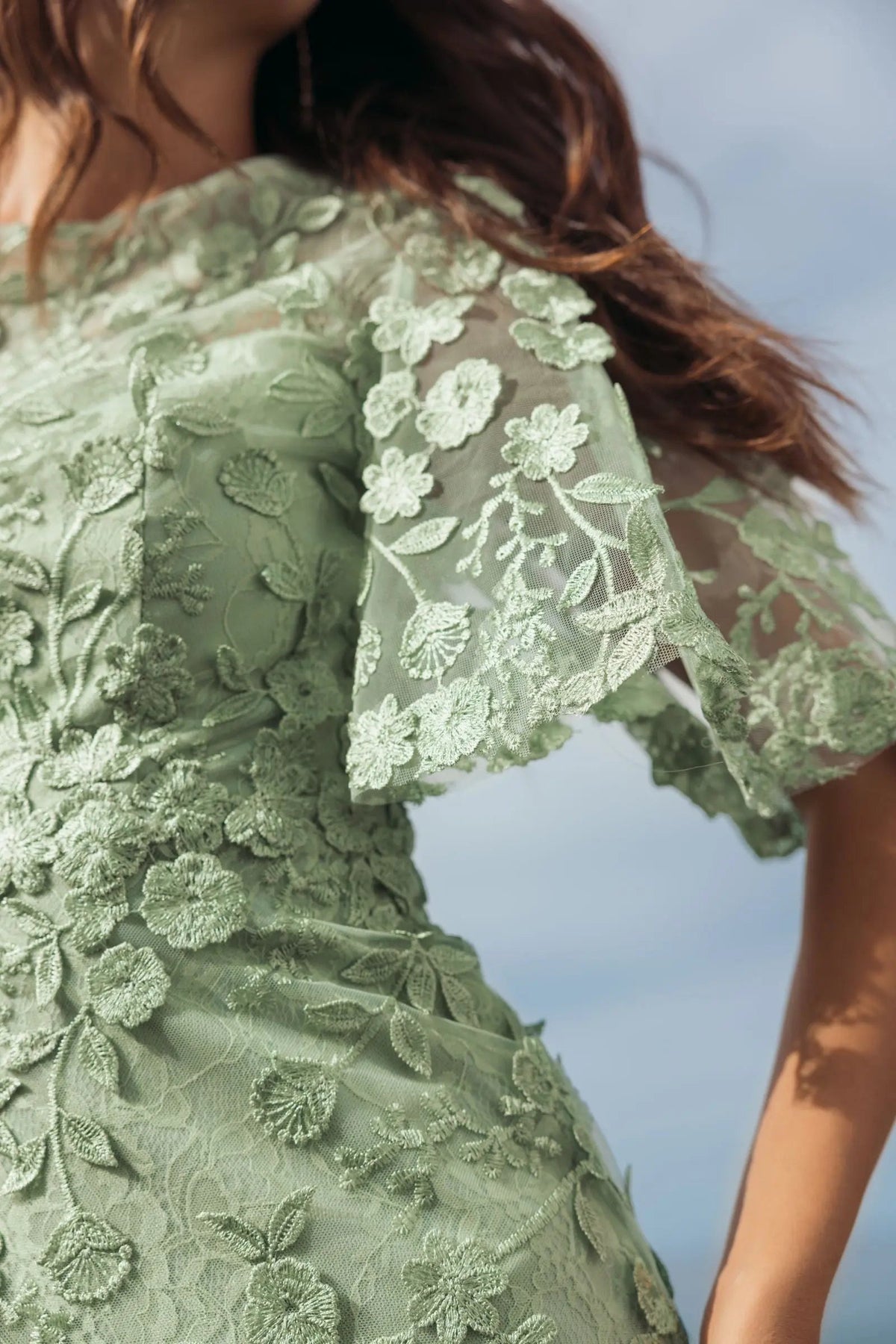 Mac Duggal 68810 Sage Green Floral Embroidered Column Gown with Flutter Sleeves