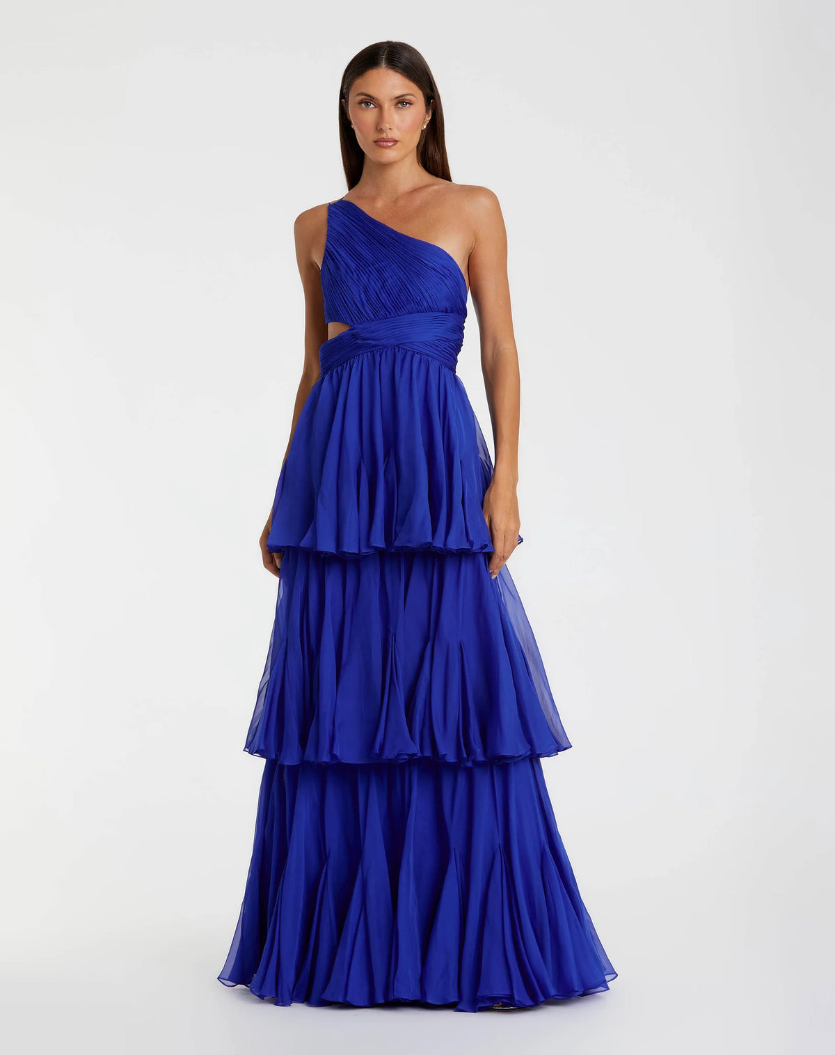 Mac Duggal Blue One-Shoulder Tiered A-Line Chiffon Gown #68846 Cobalt Blue