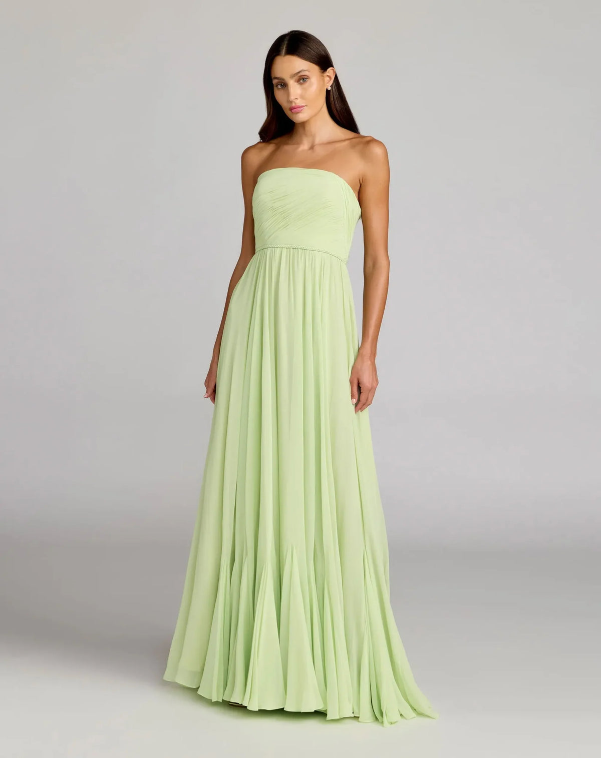 Mac Duggal 68847 Mint Green Strapless Chiffon Gown with Ruched Bodice and Flowing Skirt