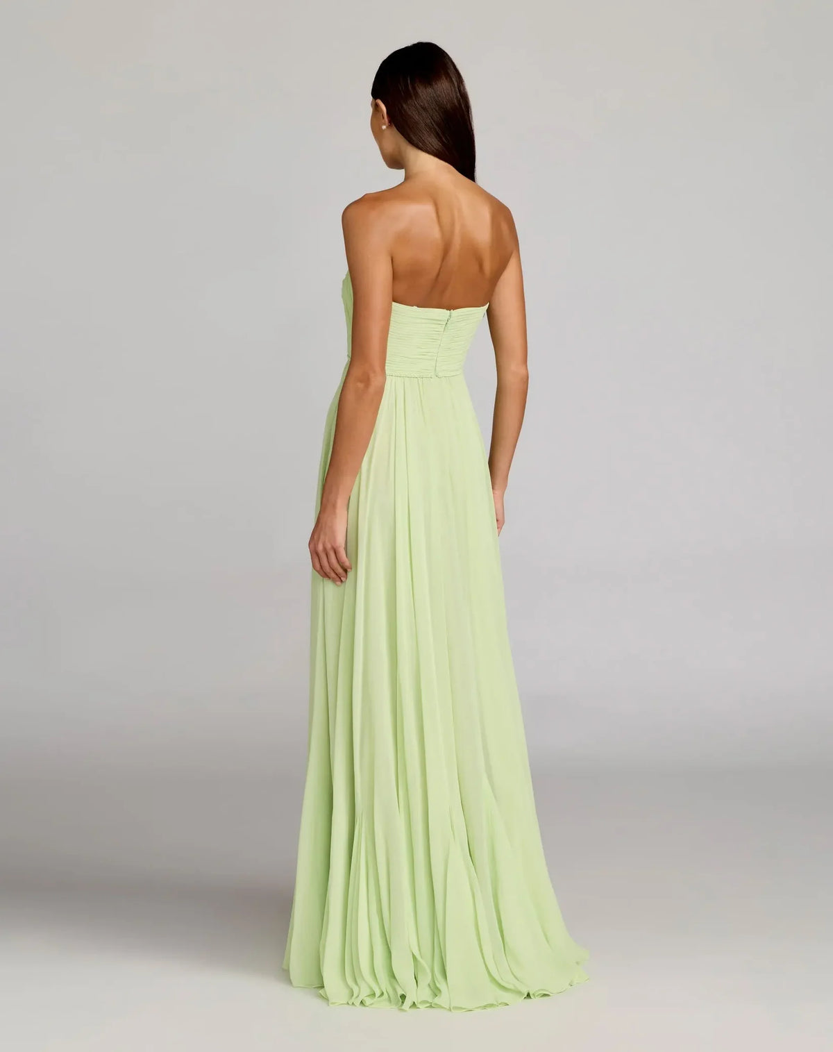 Mac Duggal 68847 Mint Green Strapless Chiffon Gown with Ruched Bodice and Flowing Skirt