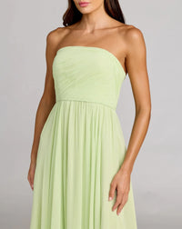 Mac Duggal 68847 Mint Green Strapless Chiffon Gown with Ruched Bodice and Flowing Skirt
