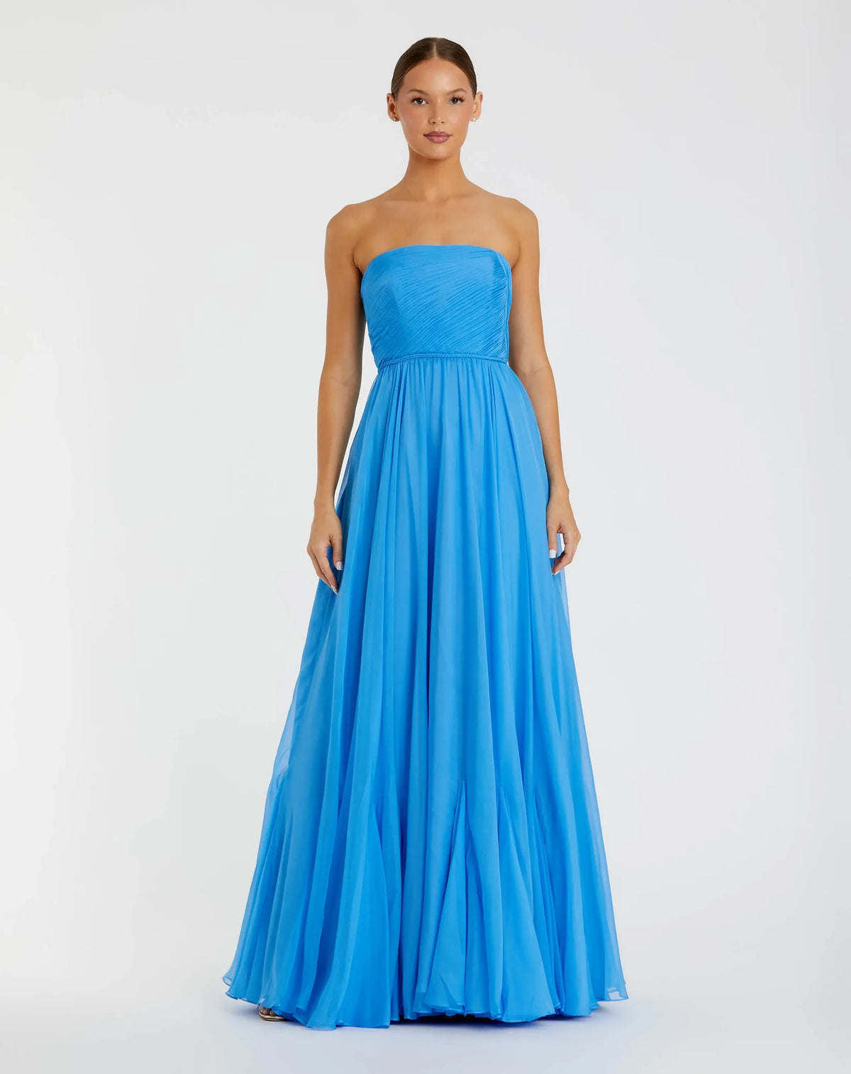 Mac Duggal 68847 Turquoise Blue Strapless Chiffon Gown with Ruched Bodice and Flowing Skirt