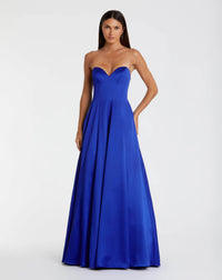 Mac Duggal #68857 cobalt satin strapless ballgown with bow details