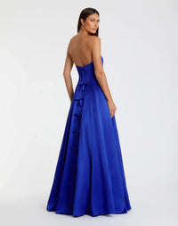 Mac Duggal #68857 cobalt satin strapless ballgown with bow details