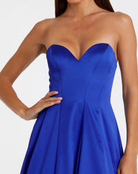 Mac Duggal #68857 cobalt satin strapless ballgown with bow details