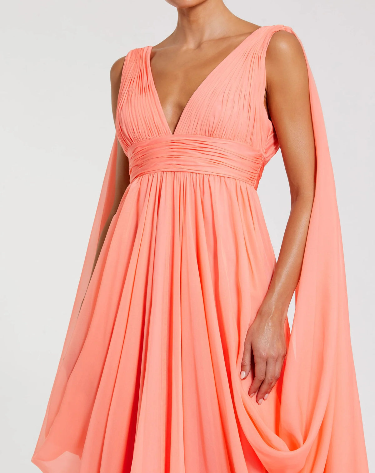 Mac Duggal Pink V-Neck A-Line Chiffon Gown with Draped Details Coral #68860 Mac Duggal Pink V-Neck A-Line Chiffon Gown with Draped Details Coral #68860