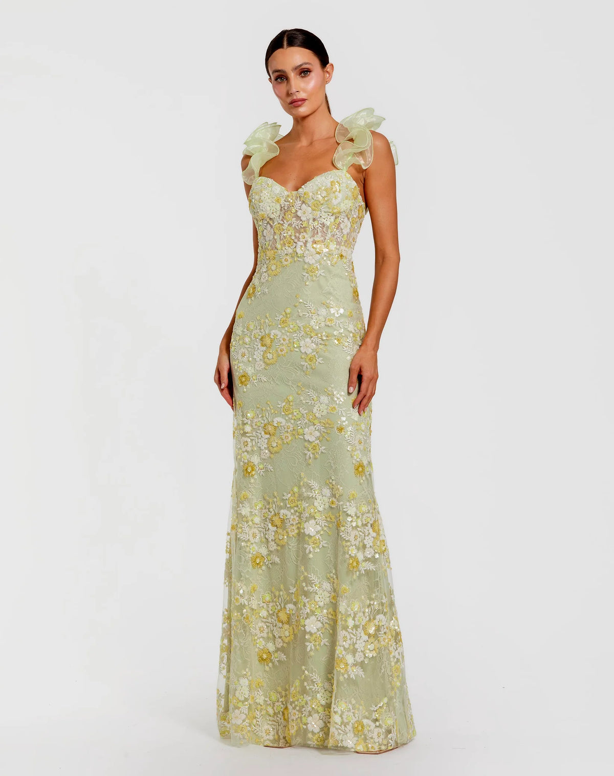 Mac Duggal Sage Green Floral Embroidered Bustier Gown With Ruffle Straps #68880 