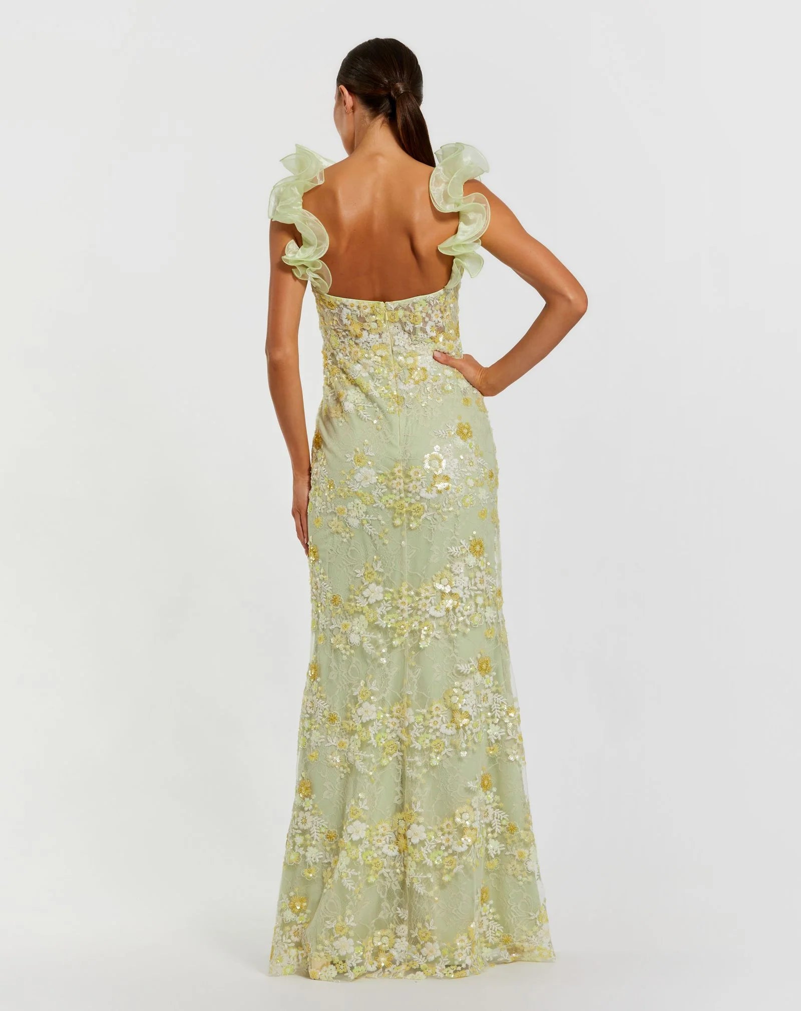 Mac Duggal Sage Green Floral Embroidered Bustier Gown With Ruffle Straps #68880 