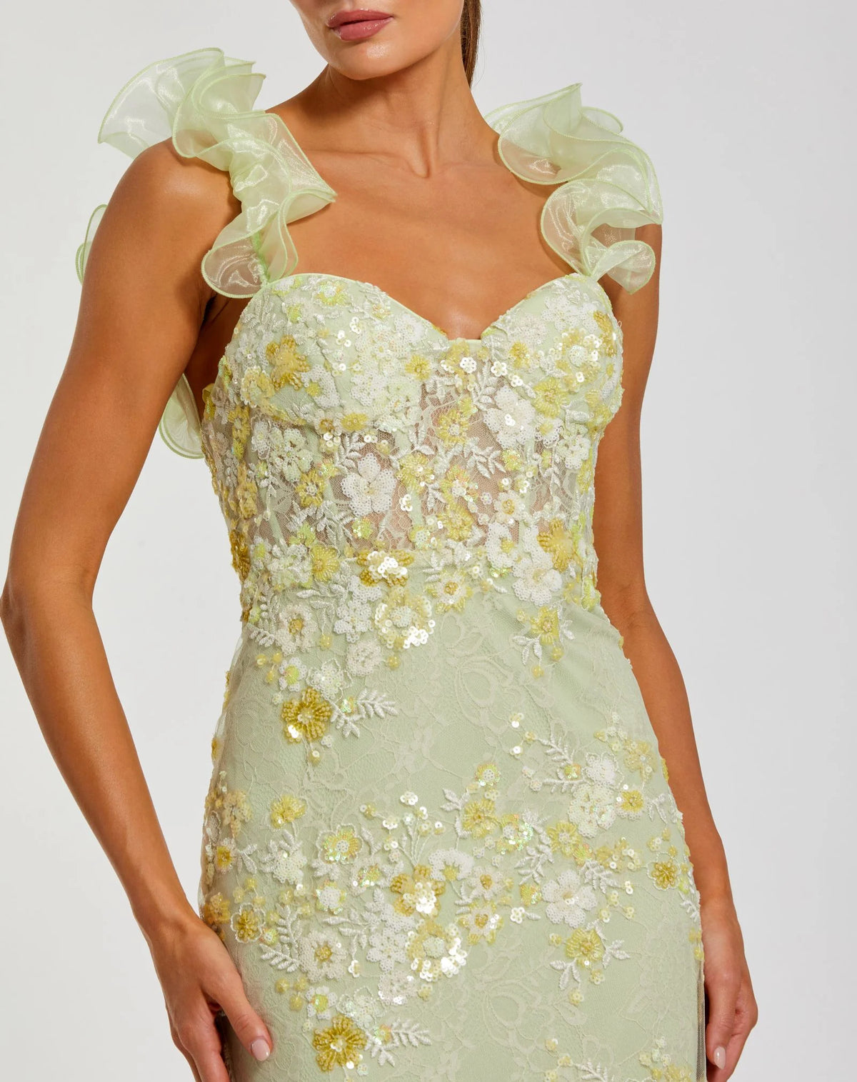 Mac Duggal Sage Green Floral Embroidered Bustier Gown With Ruffle Straps #68880 