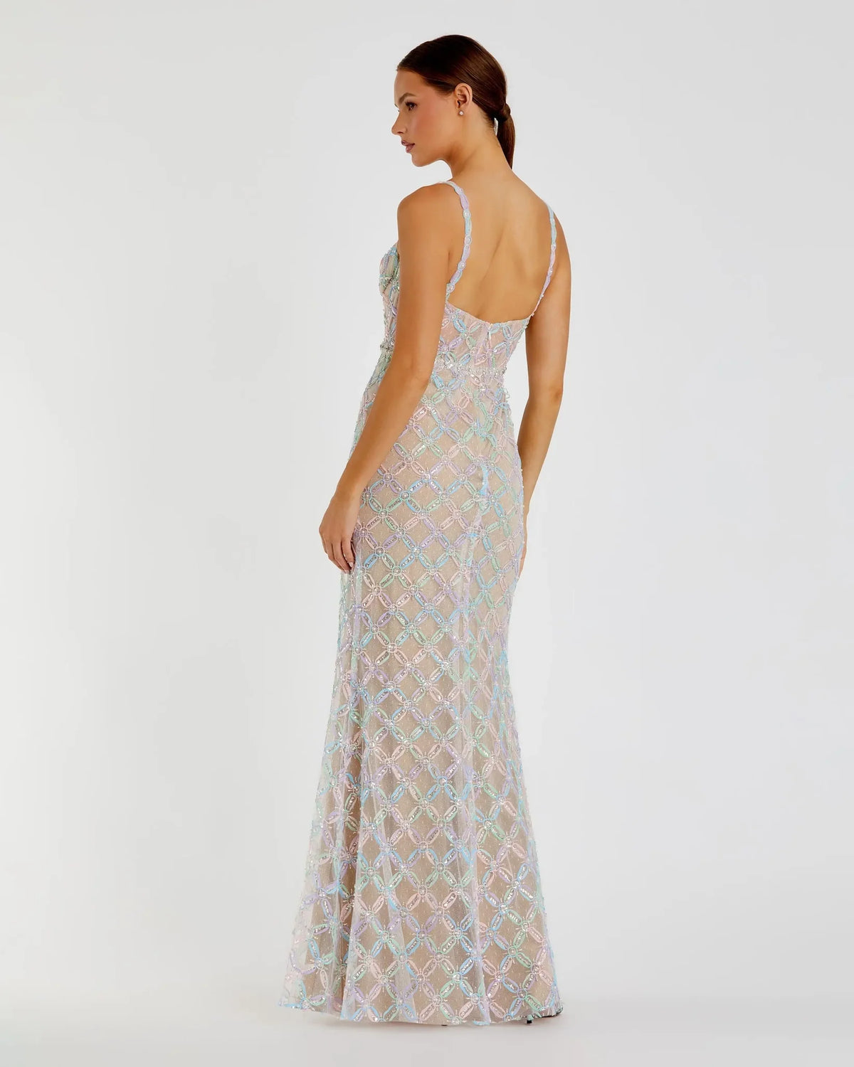 Mac Duggal Beige multicolor pearl embellished bustier column gown #68886 Pastel Multi