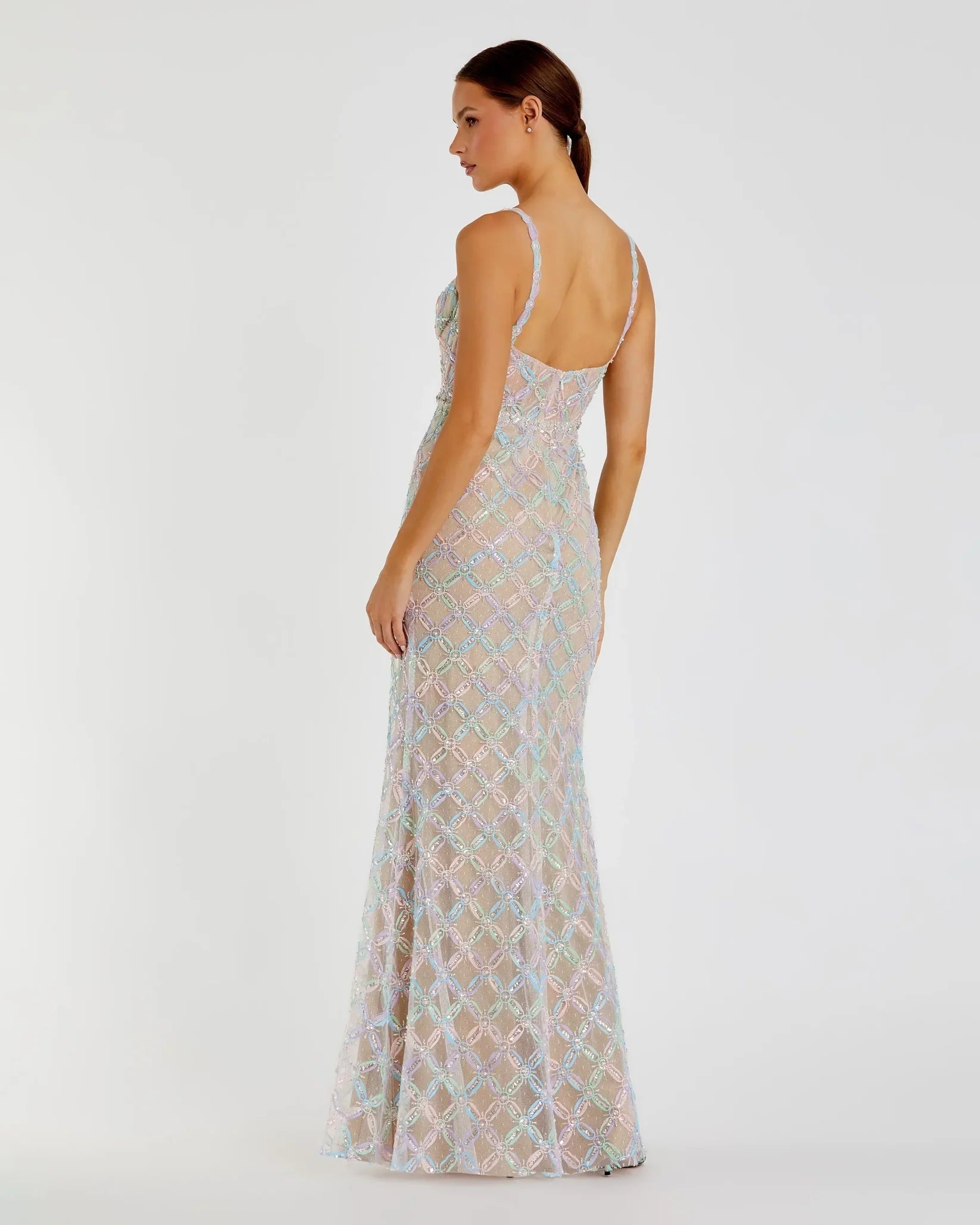 Mac Duggal Beige multicolor pearl embellished bustier column gown #68886 Pastel Multi