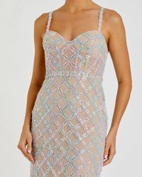 Mac Duggal Beige multicolor pearl embellished bustier column gown #68886 Pastel Multi