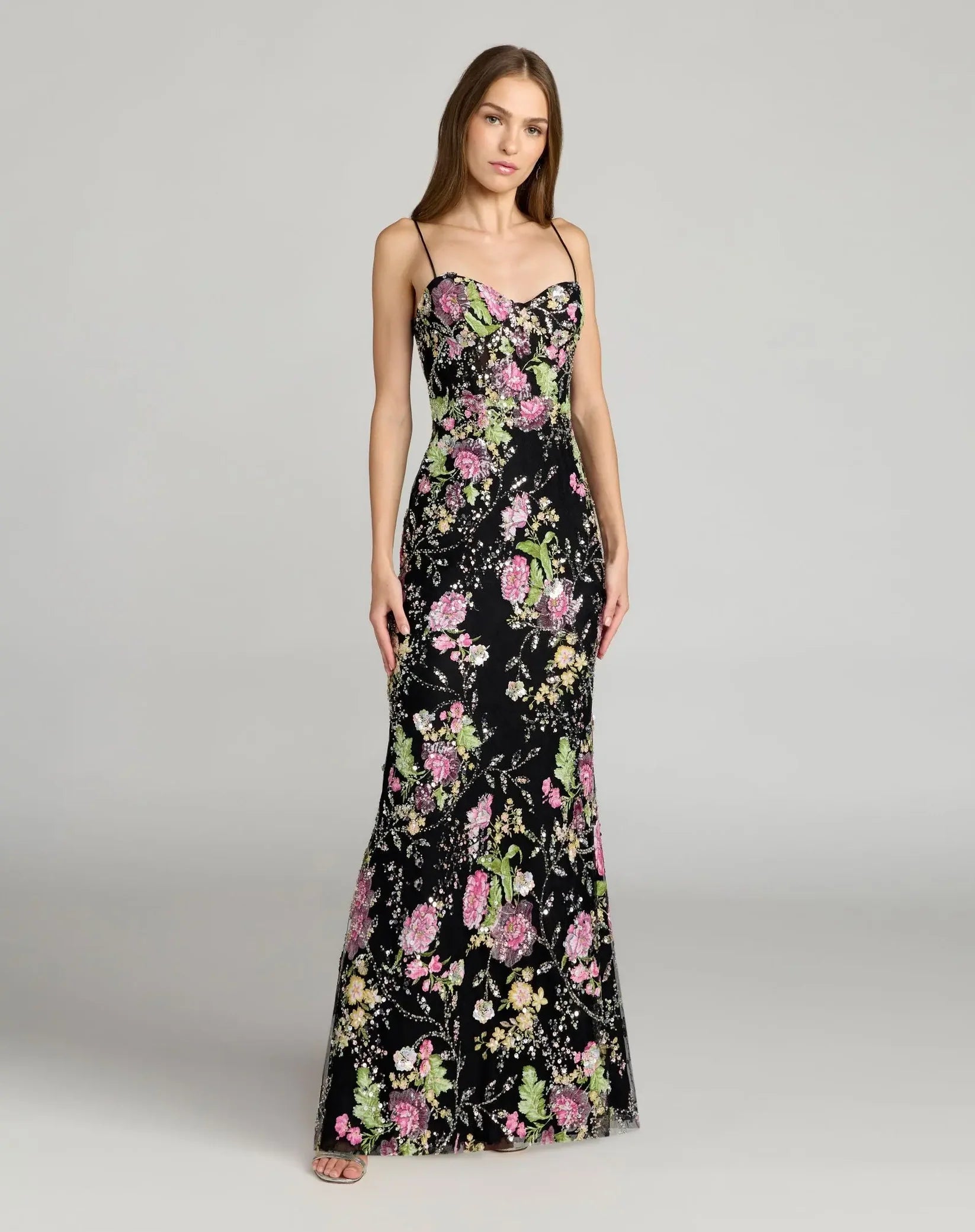 Mac Duggal Multicolor Floral Embellished Sleeveless Bustier Gown #68891 Black
