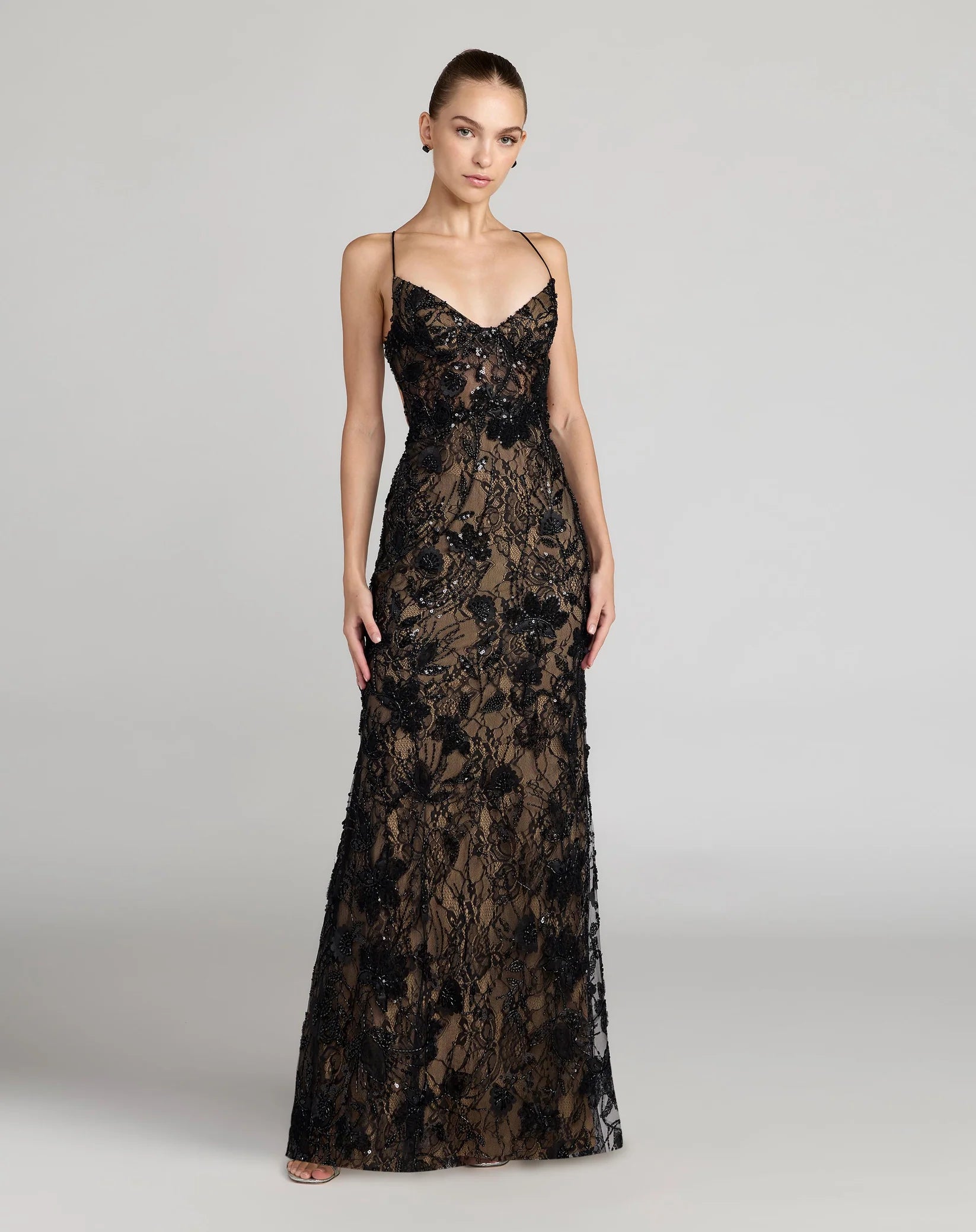 Mac Duggal Floral Embroidered Sleeveless Open Back Gown #68892 Black