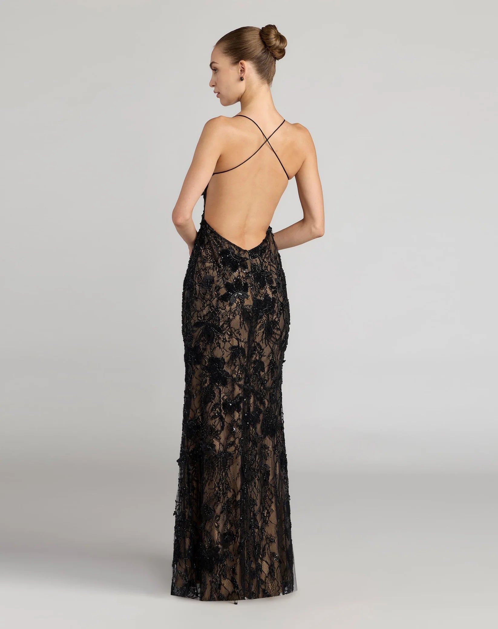 Mac Duggal Floral Embroidered Sleeveless Open Back Gown #68892 Black