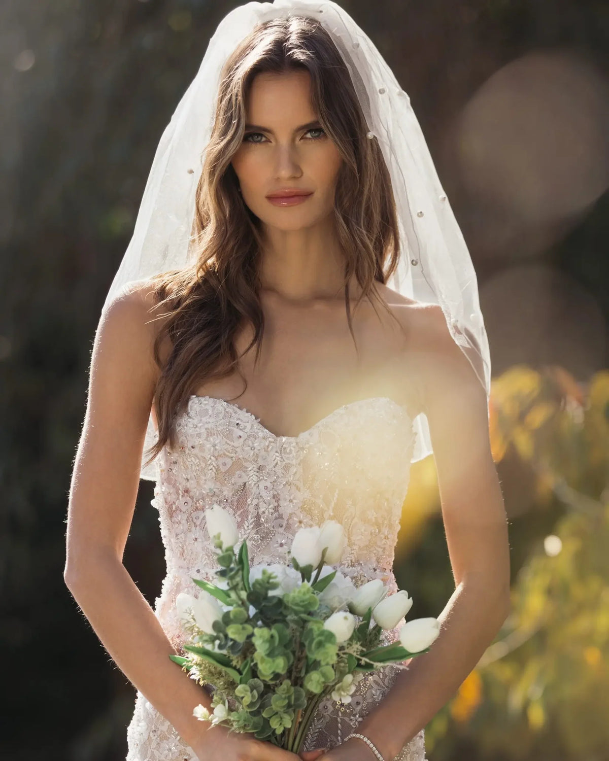 Mac Duggal Ivory Bridal Embellished Lace Strapless Bustier Gown #68893