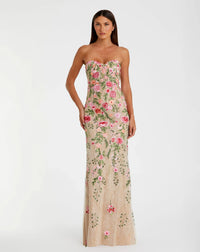 Mac Duggal Beige Floral Embroidered Strapless Bustier Gown #68894 Nude Multi