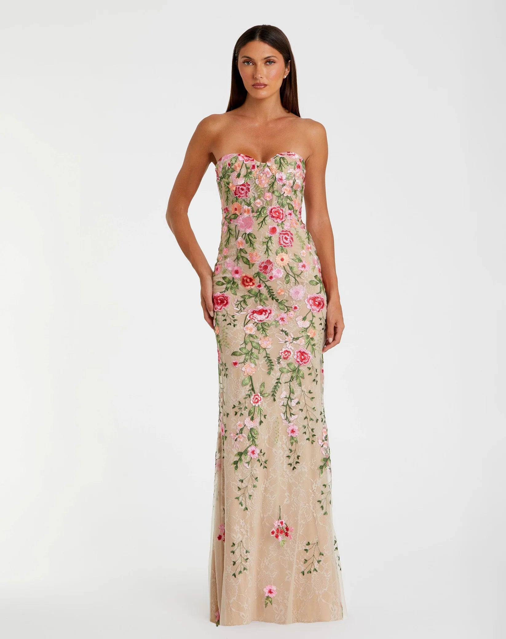 Mac Duggal Beige Floral Embroidered Strapless Bustier Gown #68894 Nude Multi