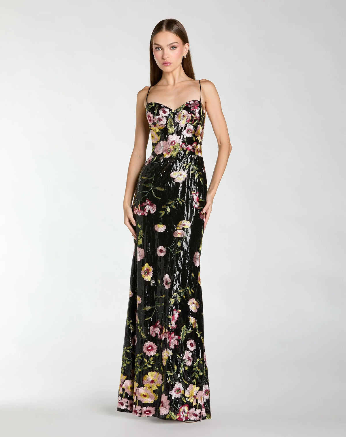Mac Duggal #68896 black multi sleeveless bustier floral applique gown