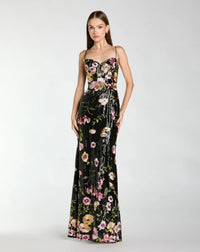 Mac Duggal #68896 black multi sleeveless bustier floral applique gown