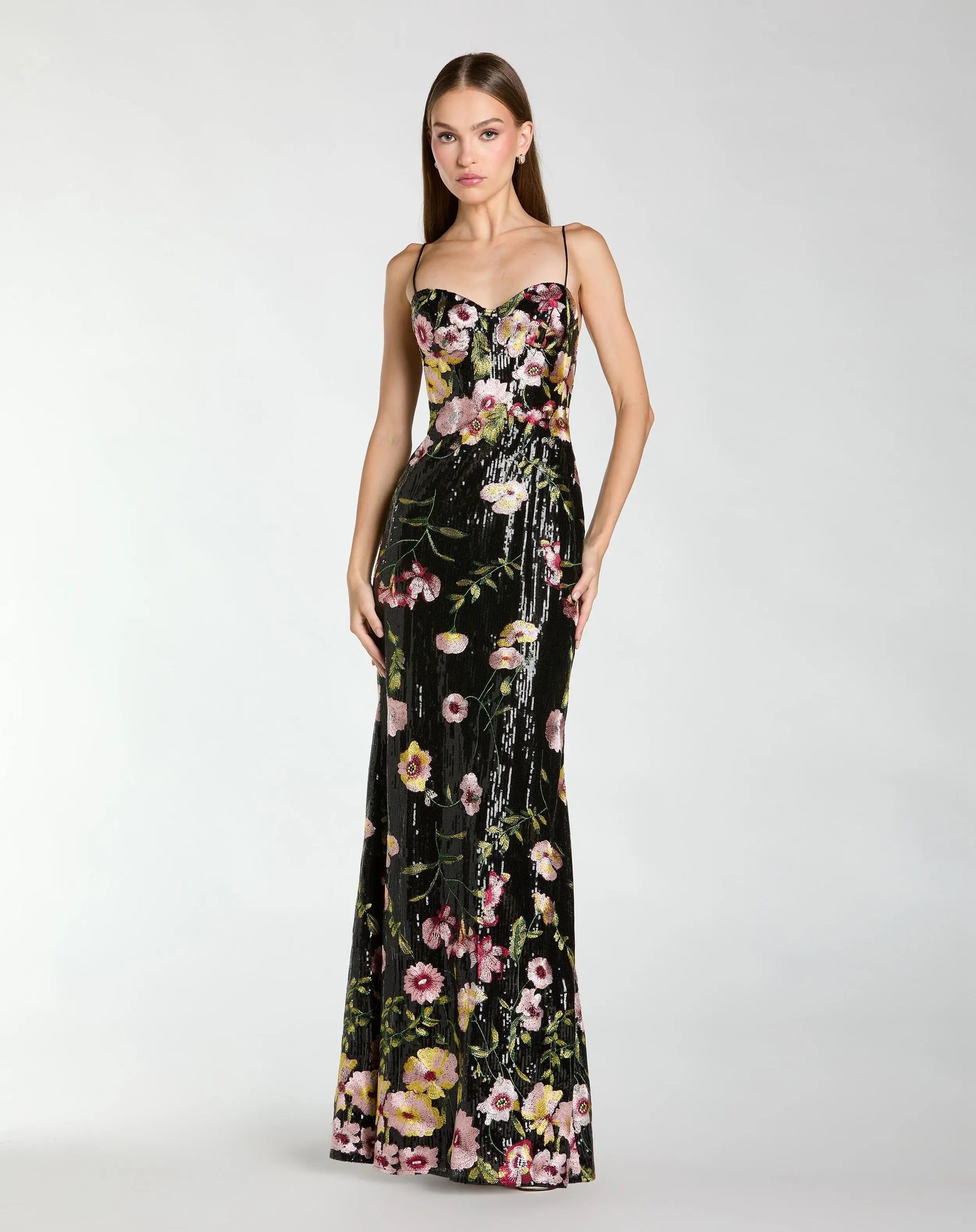 Mac Duggal #68896 black multi sleeveless bustier floral applique gown