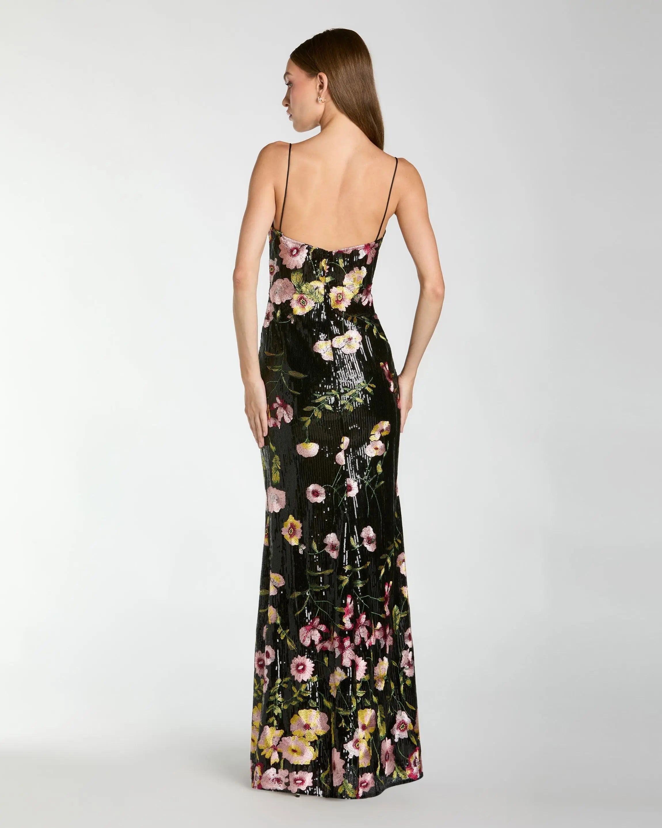 Mac Duggal #68896 black multi sleeveless bustier floral applique gown