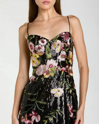 Mac Duggal #68896 black multi sleeveless bustier floral applique gown