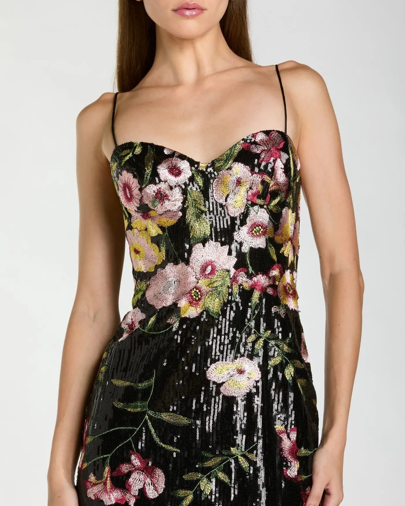 Mac Duggal #68896 black multi sleeveless bustier floral applique gown